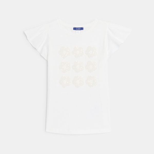 تيشيرت أبيض بأكمام قصيرة بنقش ترتر للفتيات